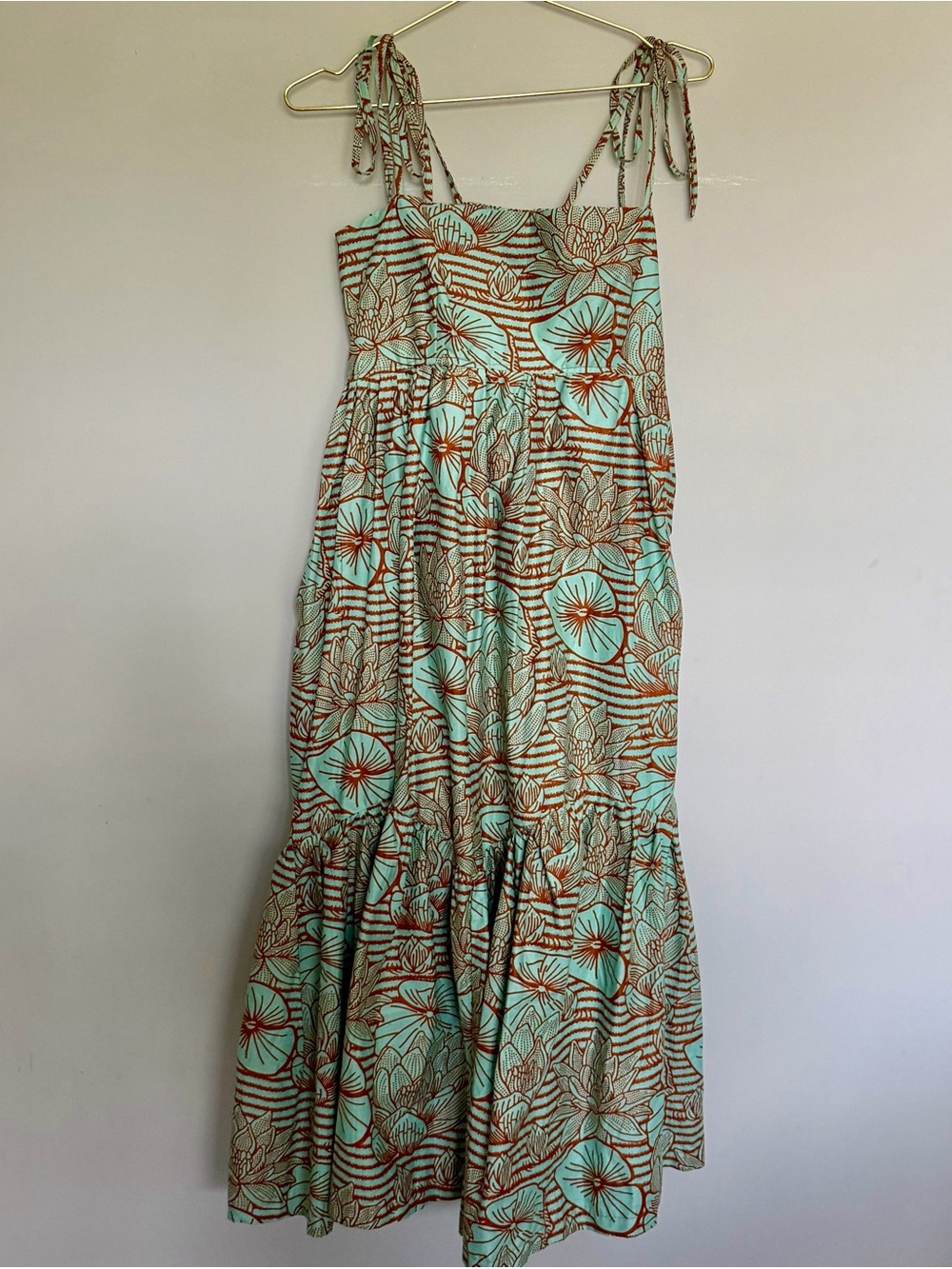 Tie-Shoulder Floral Maxi Dress in Mint and Brown